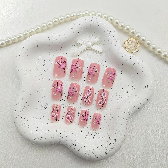 Square Press on Nails Medium Fake Nails with Flower Branches Designs Nude Nails Press ons Glossy Glue on Nails Spring Acrylic Nails Summer False Nails Artificial Stick on Nails for Women 24Pcs