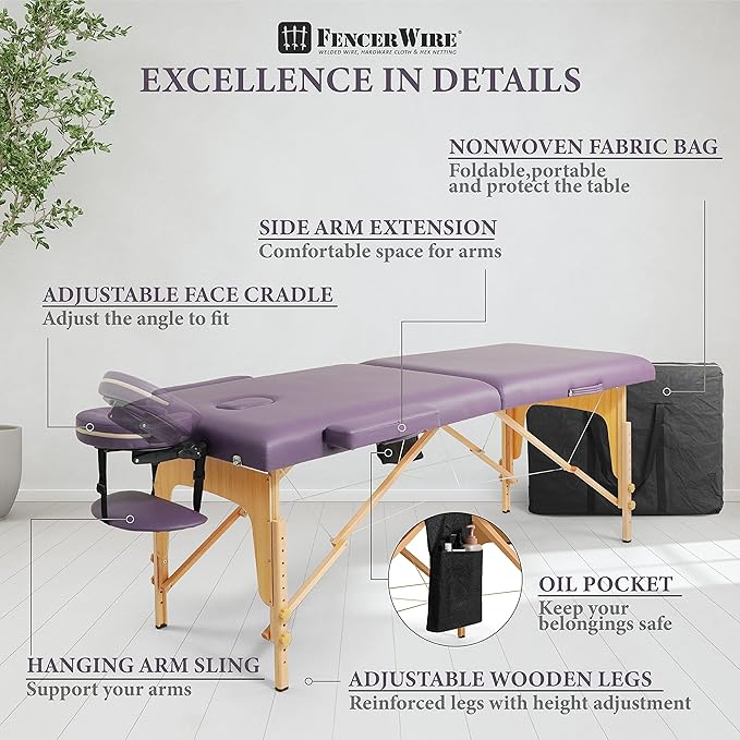 Fencer Wire 84 Inch Premium Memory Foam Massage Table, Foldable Massage Bed, Height Adjustable Spa Bed, Facial Cradle Salon Bed Wooden Legs & Carry Case, Purple, 28 Inch Wide