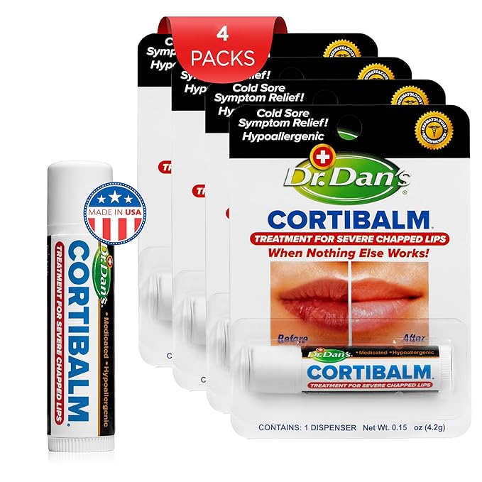 Dr. Dan's Cortibalm- 4 Pack - for Dry Cracked Lips - Healing Lip Balm for Severely Chapped Lips - Designed for Men, Women and Children