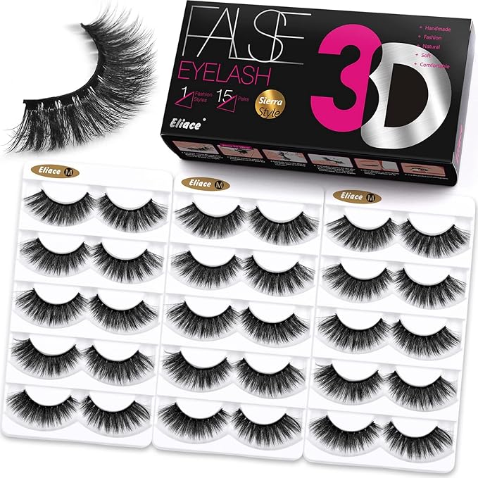 Eliace False Eyelashes 15 Pairs Lashes Natural look Cat Eye Lashes Wispy, 3D Mink lashes Fluffy Long Thick, Fake Eyelashes Cross Wispy Volume Lash Soft Reusable Dramatic, Sierra Style