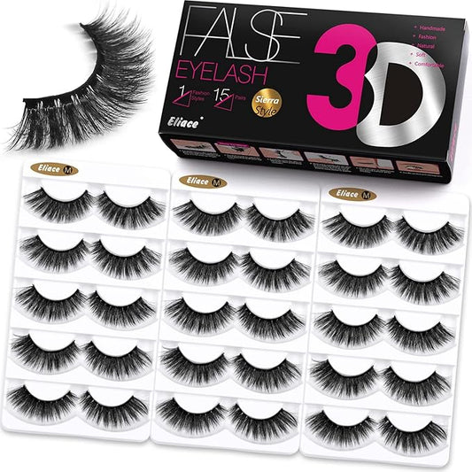 Eliace False Eyelashes 15 Pairs Lashes Natural look Cat Eye Lashes Wispy, 3D Mink lashes Fluffy Long Thick, Fake Eyelashes Cross Wispy Volume Lash Soft Reusable Dramatic, Sierra Style