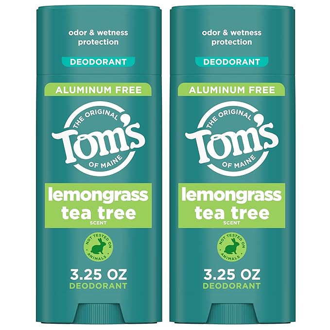 Tom's of Maine Lemongrass Tea Tree Aluminum Free Natural Deodorant For Women & Men | Goes on Clear | Odor & Wetness Protection | Naturally Derived and Moisture-Locking Ingredients | 3.25 oz (2 Pack)