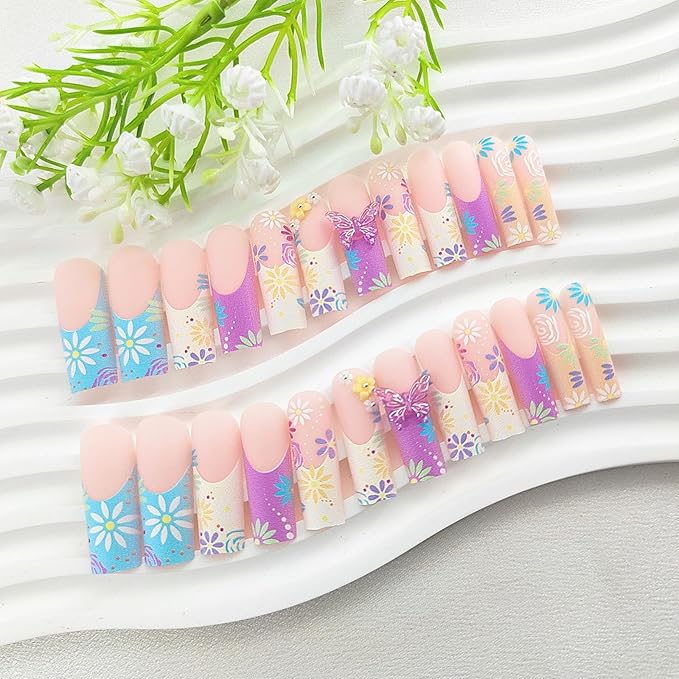 Long Press on Nails Square Colorful Fake Nails with Color Flower Designs 5D Butterfly Glue on Nails Light Pink Matte False Nails Extre Long Square Acrylic Nails Press ons for Girls 24Pcs