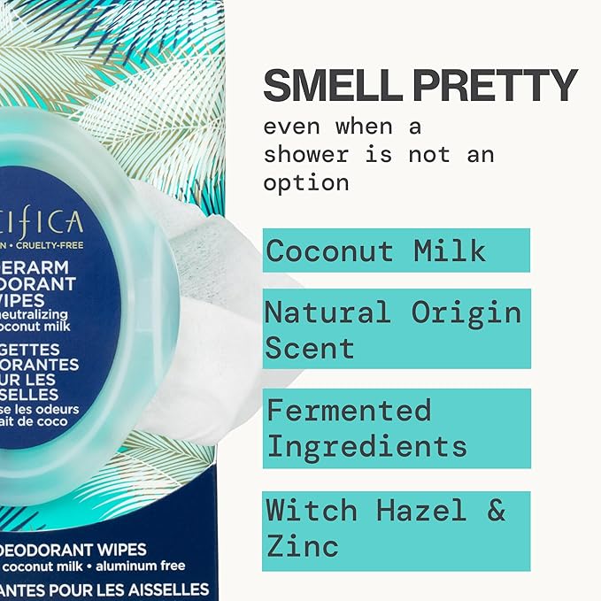 Pacifica Beauty Coconut Milk & Essential Oils Underarm Deodorant Wipes, Helps Remove Odor, Aluminum-Free, Vegan & Cruelty-Free, 30 Wipes (1-Pack)