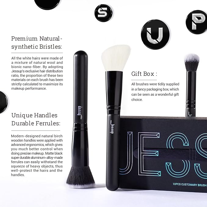 Jessup Makeup Brush Set 10pcs Black Make up Brushes Set Professional with Natural Synthetic Hair for Foundation Blending Blush Concealer Eyeshadow Eyebrow Eyeliner, T323