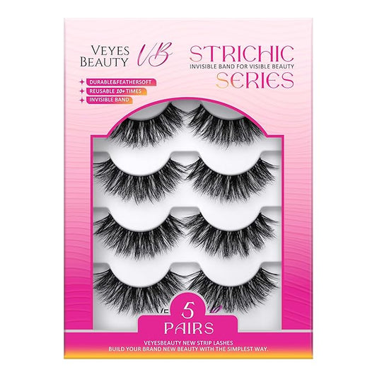 VEYESBEAUTY False Eyelashes Wispy Lashes Lightweight Natural Look Fluffy 3D Layered Volume Faux Mink Thin & Invisible Band Starfall Lashes, Comfortable and Reusable, 5 Pairs