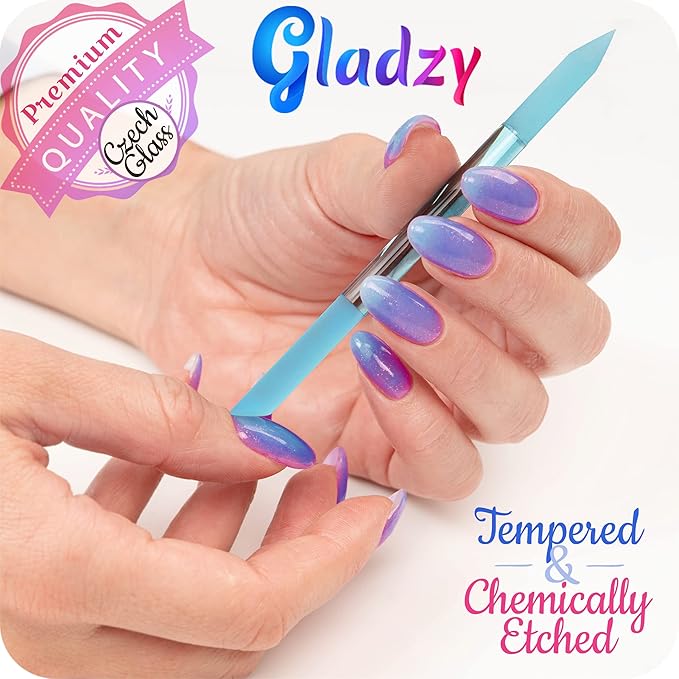 GLADZY Czech Glass Nail File Set - Multifunctional Nail Shiner Buffer, Callus Remover Foot Rasp, Glass Cuticle Pusher Manicure Stick, Etched Surface, Professional Nail Care Tool, Made in EU