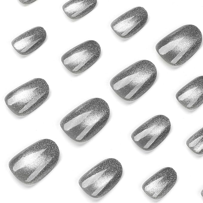 Metallic Silver Press-On Nails – 24 Oval Cat Eye Nails, 12 Sizes, Shiny Chrome Effect, Long-Lasting & Easy DIY Manicure Kit