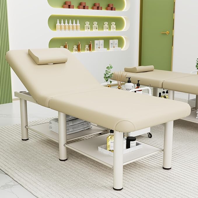 Folding Stationary Massage Table with Backrest and Storage Space, 6 Round Legs Metal Frame PU Leather, 30.5'' Wide × 75'' Long for Treatment Table Physical Therapy Table Spa Facial Bed, Beige Gray