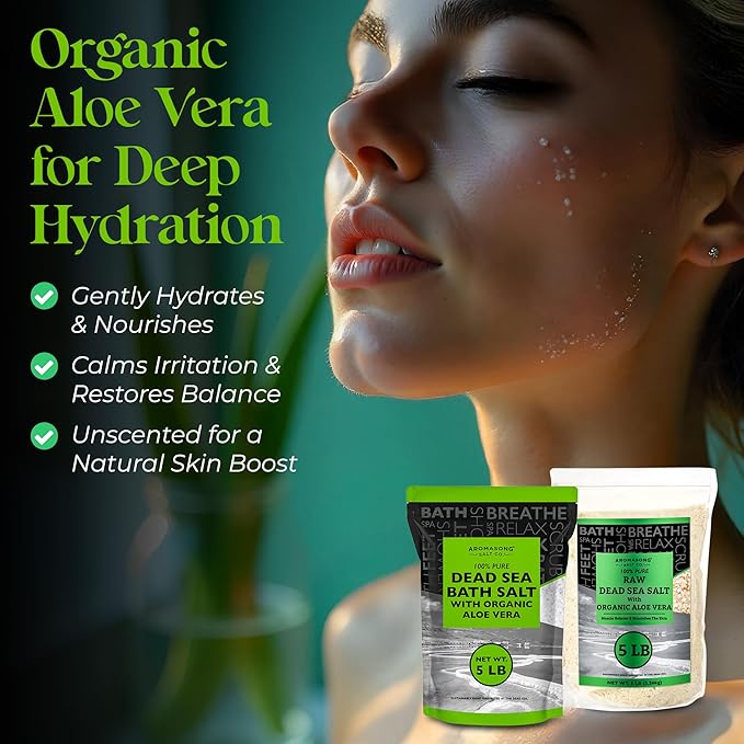 Aromasong Dead Sea Salt with Organic Aloe Vera, Spa Bath Salts, 5 Lbs Fine Bulk resealable Pack, 100% Pure & Natural, Soak for Women & Men for Tired Muscles & Skin Issues (Packaging May Vary)
