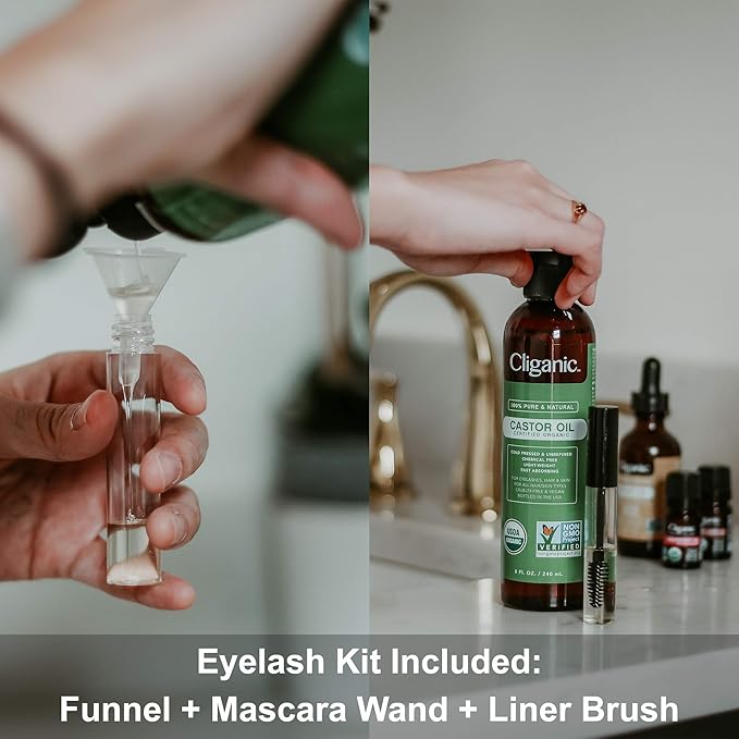 Cliganic USDA Organic Castor Oil, 100% Pure (16oz with Eyelash Kit) - For Eyelashes, Eyebrows, Hair & Skin | Bulk, Natural Cold Pressed Unrefined Hexane-Free | DIY Carrier Oil