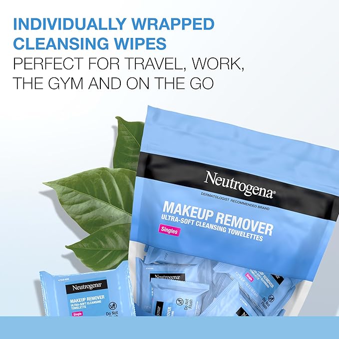 Neutrogena Makeup Remover Wipes Singles, Individually Wrapped, Daily Facial Cleanser Towelettes, Gently Removes Oil & Makeup, Alcohol-Free, 20 ct
