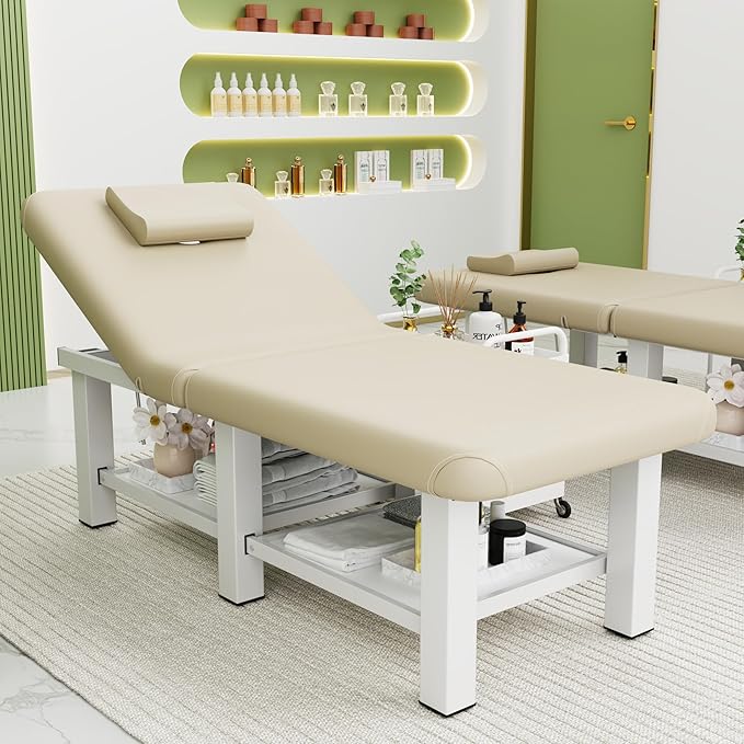 Folding Stationary Massage Table with Backrest and Storage Space, 6 Square Legs Metal Frame PU Leather, 30.5'' Wide × 75'' Long for Treatment Table Physical Therapy Table Spa Facial Bed, Beige Gray