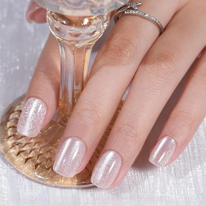 Cat Eye Press on Nails Short, Jofay Fashion Soft Gel Fake Nails, Elegant Nude Press on Nails, Reusable & Natural Acrylic False Nails, Stick on Nails for Women Girls Gift, Glue on Nails Kit 32 Pcs