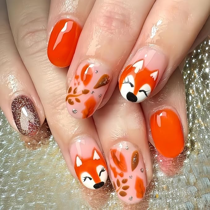 24Pcs Autumn Fallen Leaves Press on Nails Short Oval Thanksgiving Fake Nails with Fox French Design Orange Stick on Nails Fall Rose Gold Glitter Full Cover Glue on Nail Glossy Acrylic Nails for Women