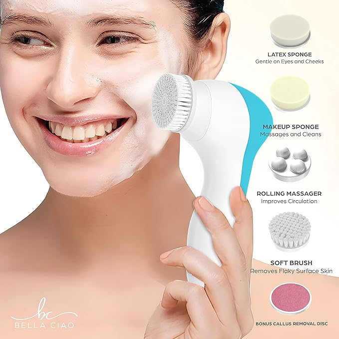 Bella Ciao 6-Piece Facial Cleansing and Exfoliating Set with Soft Facial Brush, Rolling Massager Head, Latex Sponge, Makeup Sponge, and Callus-Remover Disc, Batteries Not Included, Blue