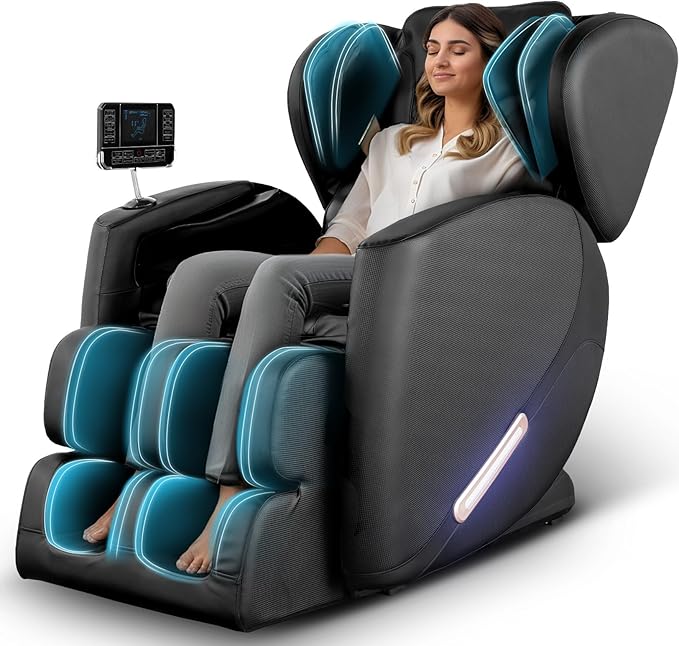 EXQUISLIFE Full Body Massage Chair with Zero Gravity, Massage Chair Recliner with Heating, Airbags, Foot Roller, Touch Screen, Bluetooth Speaker