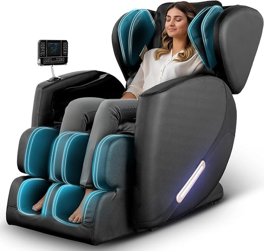EXQUISLIFE Full Body Massage Chair with Zero Gravity, Massage Chair Recliner with Heating, Airbags, Foot Roller, Touch Screen, Bluetooth Speaker