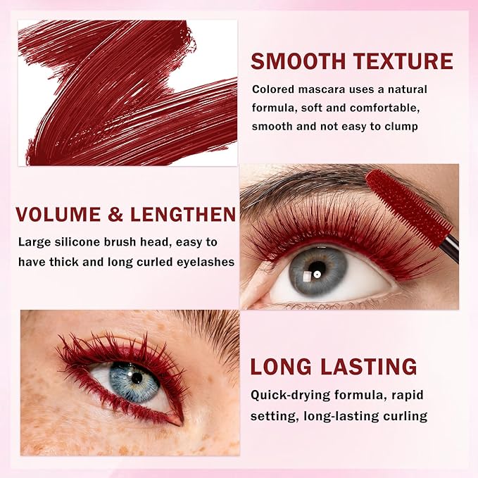Burgundy Mascara and Eyeliner Set,Natural Curling Red Mascara for Eyelashes,Volumizing Lengthening máscara de pestañas Waterproof,5D Colored Eye Makeup