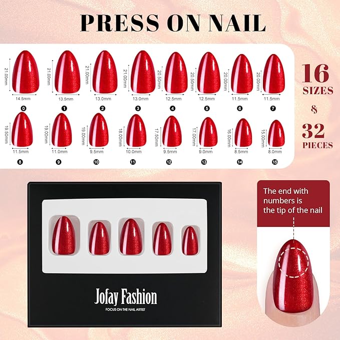 Red Press on Nails Almond, Jofay Fashion Soft Gel Fake Nails, Wine Red Glitter Press on Nails, Reusable & Natural Acrylic False Nails, Stick on Nails for Women Gift, Glue on Nails Kit 32 Pcs