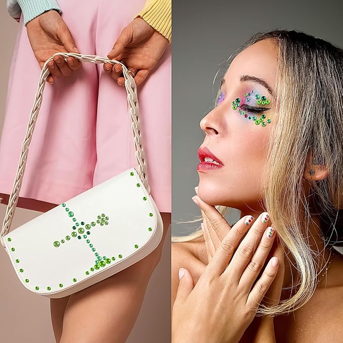 975Pcs Face Gems Hair Gems, Self-Adhesive Face Jewels Eye Jewels Rhinestones 3/4/5/6 mm DIY Face Gems Stick on, Hair Body Rhinestones Gems Crystals Pearls for Face Makeup, Crafts (gem_mixedgreen)