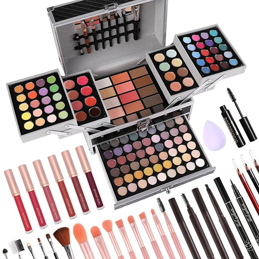 Makeup Gift Set For Women Girls, All in One Full Makeup Kit with Eyeshadow, Lip Gloss, Concealer, Blush, Contour, Highlighter Brushes Liquid Lipsticks Eyebrow Pen Mascara Eyeliner Pencil (Black Set)