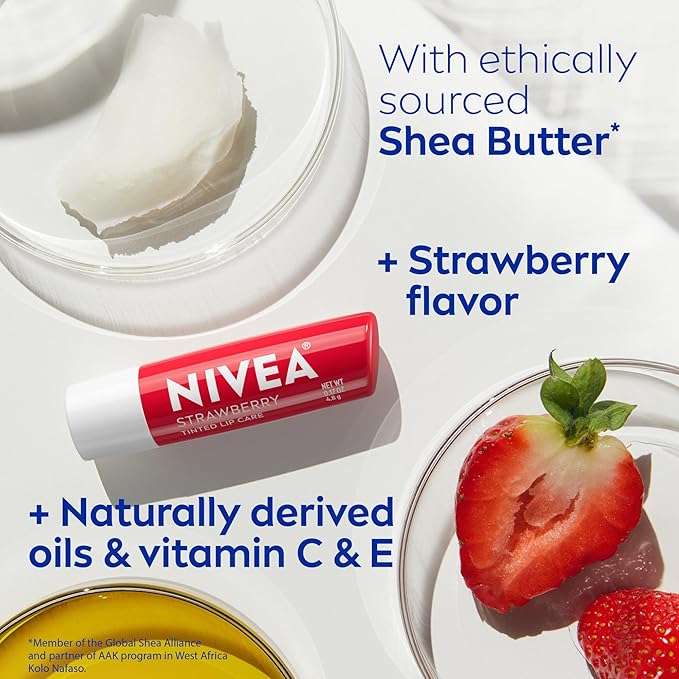 NIVEA Strawberry Lip Care, Tinted Lip Balm Pack with Shea Butter, Nourishing Oils and Vitamin C & E, 3-in-1 Moisture, Repair and Color, 0.17 Oz Stick, Pack of 4