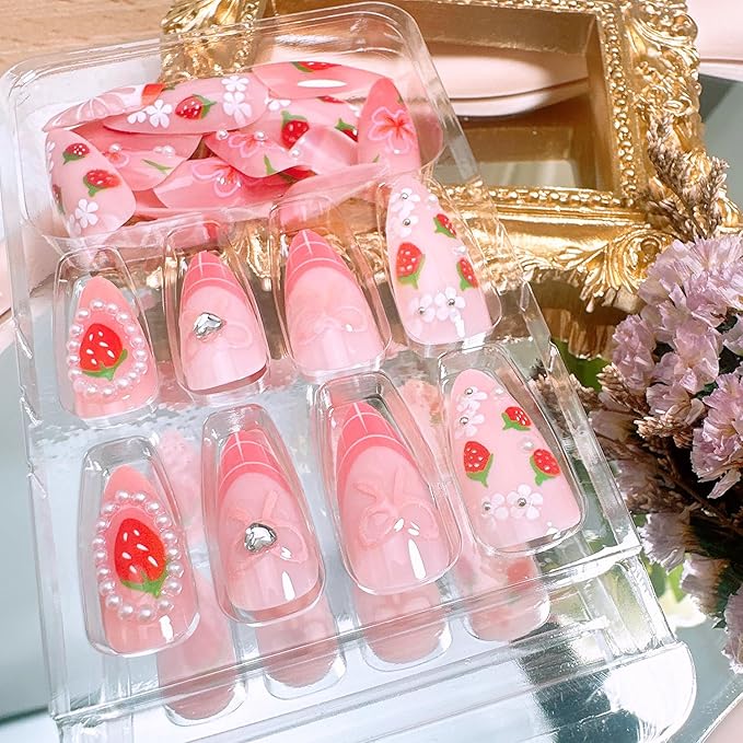 24Pcs Cute Strawberry Press on Nails Medium Almond Fake Nails with Pearl Rhinestone Stick on Nails Full Cover Pink French Tip Acrylic Nails Reusable Fall Flower False Nail Tips for Women Nail Design