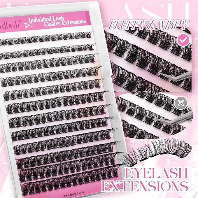 FADLASH Lash Clusters Volume Fluffy Lash Clusters 8-16mm Waterproof Lashes Clusters Comfortable Cluster Lashes DIY Reusable Cluster Eyelash Extensions for Beginners at Home
