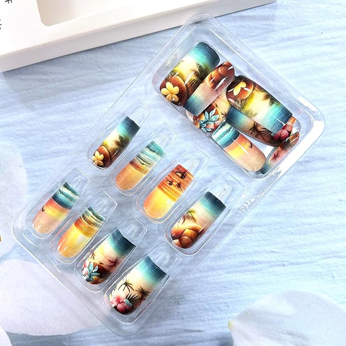 Press on Nails Medium Square Beach Coconut Tree False Nail Ocean Sunset Pattern Design Full Cover Glossy Acrylic Fake Nail French Gradient Stick on Nails 24Pcs DIY Press Ons Glue on Nails for Women