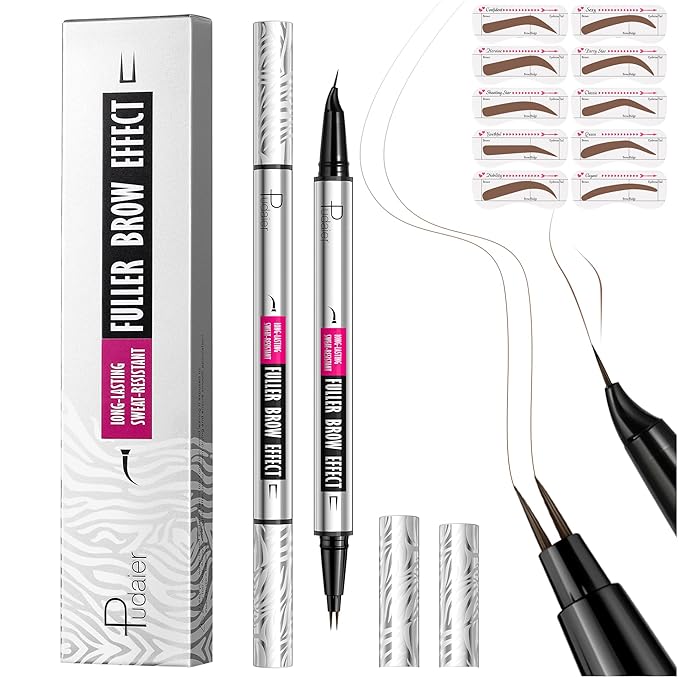 Pudaier 2 Pack 2 Fine Tip Eyebrow Pen, Waterproof Filling Faux Brow Makeup Pencils for Women with Precise Curved Brush-Tip to Fast Create Natural Hair-Like Brows, Last All-Day (Natural Brown)