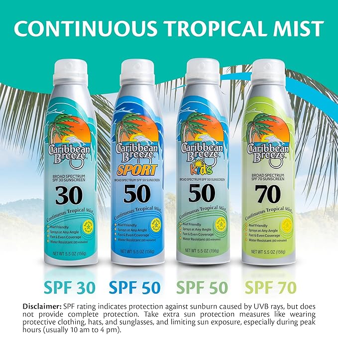 Continuous Tropical Mist Spray Sunscreen SPF 70, Reef Safe Sunscreen Spray, Up to 80 Minutes Water Resistant Sunscreen Face Spray, 5.5 Ounces