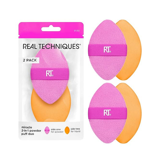 Real Techniques Miracle 2-In-1 Powder Puff 2 Pack, Dual-Sided, Full Size Makeup Blending Puff, Reversible Elastic Band, Makeup Sponge & Powder Puff, For Liquid, Cream & Powder Products, Crulety-Free