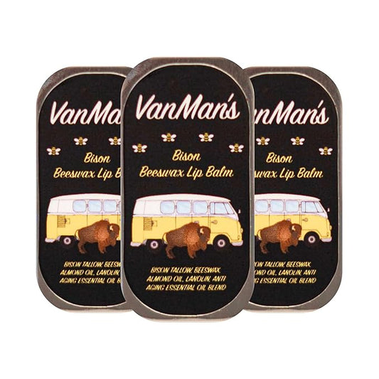 VanMan Beeswax Lip Balm Tin – Organic Bison Tallow Balm with Grass-Fed and Finished Tallow, Sweet Almond Oil, Lanolin, and Beeswax – Hydrating Lip Moisturizer – Bison – 3 Tin Pack
