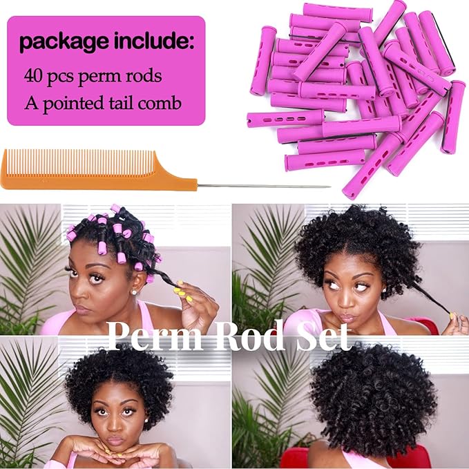 YOROSTAR Perm Rods Set for Natural Hair 40pcs Plastic Cold Wave Rods for Long Short Hair Rollers Large Hair Curling Rods for Women Purple