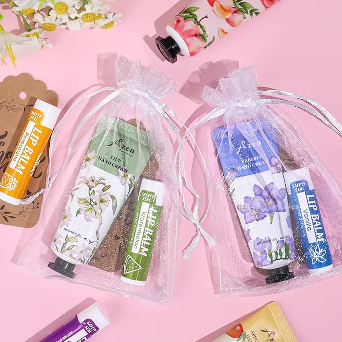 AZEN 32 Sets Bulk Gifts, Hand Cream and Lip Balm Bulk Set with Organza Bag Thank You Card, Baby Shower Wedding Gifts for Guests, Bridal Wedding Favors for Guests,Thank You Gifts for Women