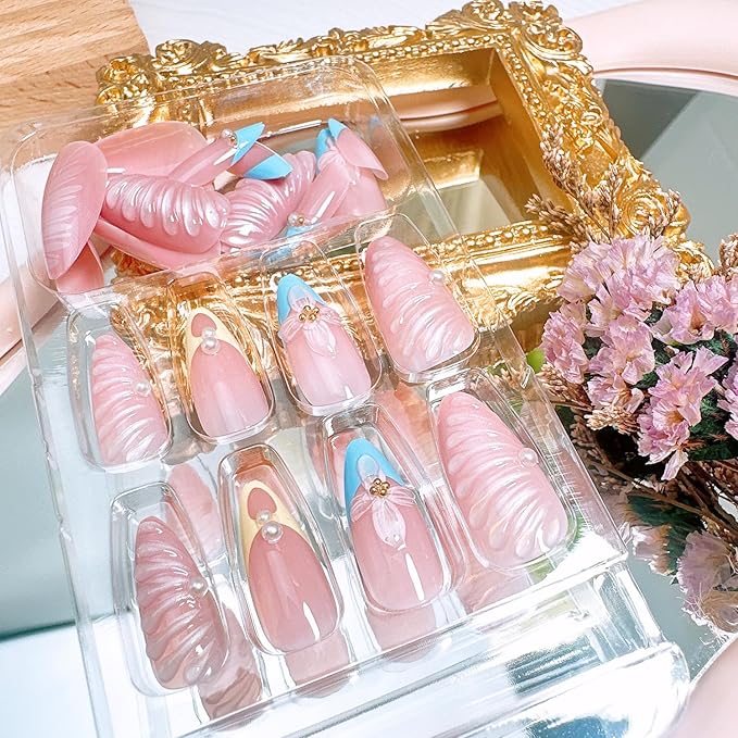 24Pcs Blue French Press on Nails Medium Almond French Tip Fake Nails with 3D Shell Pattern Fall Flower False Nails Gold Beads Pearl Glue on Nails Nude Acrylic Nail Tips for Women Nail Decoration