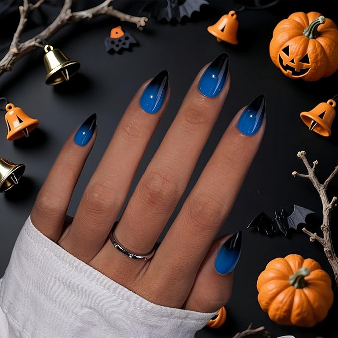 KQueenest Halloween Press On Almond, Ombre Blue Black Press On Nails Short Stiletto, Dark French Fake Nails With Glue, Gradient Glue on Nails with Design, Reusable Stick on Nail for Women, 30 Pcs