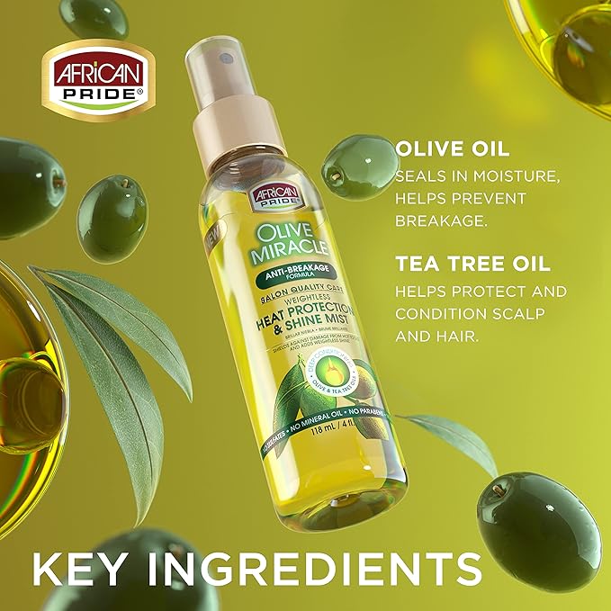 African Pride Olive Miracle Weightless Heat Protection & Hair Shine Mist, Fights Humidity & Shields Against Heat Damage, Enriched with Olive & Tea Tree Oils, 4 oz