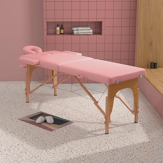 Massage Table Massage Bed, Portable 2 Section Foldable Tattoo Bed, Height Adjustable Lash Spa Bed with Face Cradle, Home Light Weight Facial Salon Bed with with Wood Frame, Light Pink