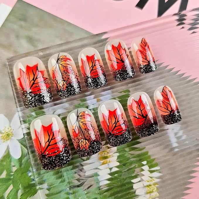 Fall Press on Nails Square Fake Nails with Black Glitter French Designs Autumn Leaves Artificial Nail Medium Fall Nails Press ons Glossy Glue on Fingernails Acrylic False Nails for Women 24Pcs