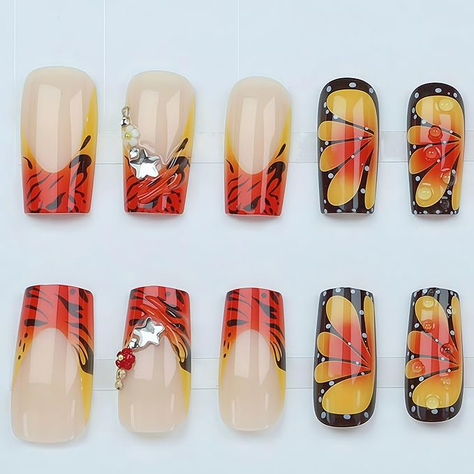 24Pcs Butterfly Wing Press on Nails Long Square Fake Nails 3D Relief Flower with Rhinestone Butterfly Pink White Flower Design False Nails Fall Orange Leopard Print French Tip Acrylic Nails for Women