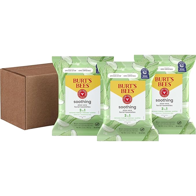 Burt's Bees Back To School Dorm Essentials, Aloe Vera Face Wipes, for Sensitive Skin, Soothing Makeup Remover & Facial Cleansing Towelettes, 30 Ct. (3-Pack)