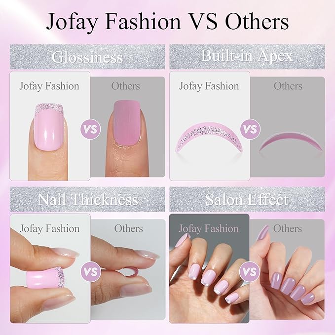 Press on Nails Short 5 Styles, Jofay Fashion 160Pcs Cat Eye Glitter French Tip Press on Nails for Women, Reusable Opaque Gel Fake Nails, Square Glue On Nails in 16 Sizes