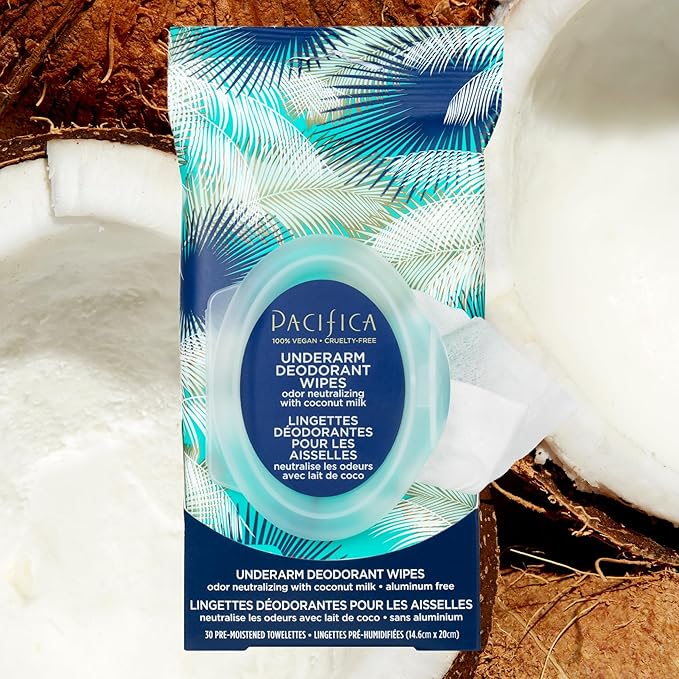 Pacifica Beauty Coconut Milk & Essential Oils Underarm Deodorant Wipes, Helps Remove Odor, Aluminum-Free, Vegan & Cruelty-Free, 30 Wipes (1-Pack)