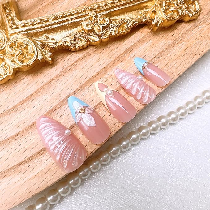 24Pcs Blue French Press on Nails Medium Almond French Tip Fake Nails with 3D Shell Pattern Fall Flower False Nails Gold Beads Pearl Glue on Nails Nude Acrylic Nail Tips for Women Nail Decoration