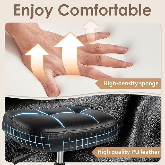 Rolling Stool Wider Rectangular Cushion-Provides a Comfortable, Stable Support Surface with Loop Footrest for Leg Support,Adjustable Stool with Wheels for Salon Tattoo Massage Office Home (Black)