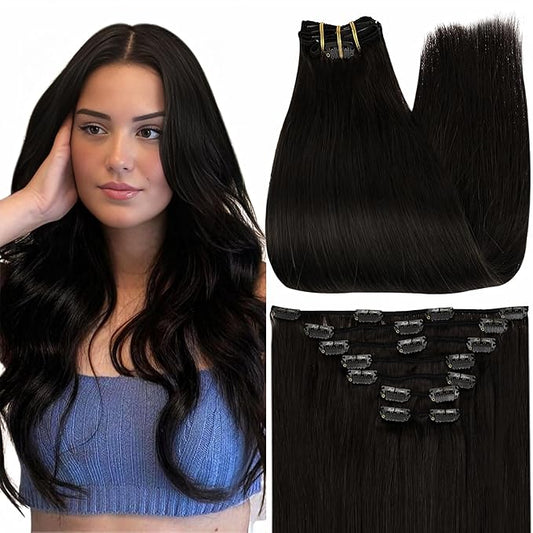 Full Shine Black Clip in Extensions 16 Inch Black Hair Extensions Clip ins for Beginners for Thinning Hair for Dance 7 Pcs 120 G