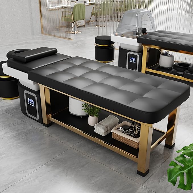 Head Spa Stationary Massage Table, Stainless Steel Gold Color-Plated Frame, Black PU Leather with Water Cycle & Fumigation Salon Equipment for Beauty Head Spa Physical Therapy Massage