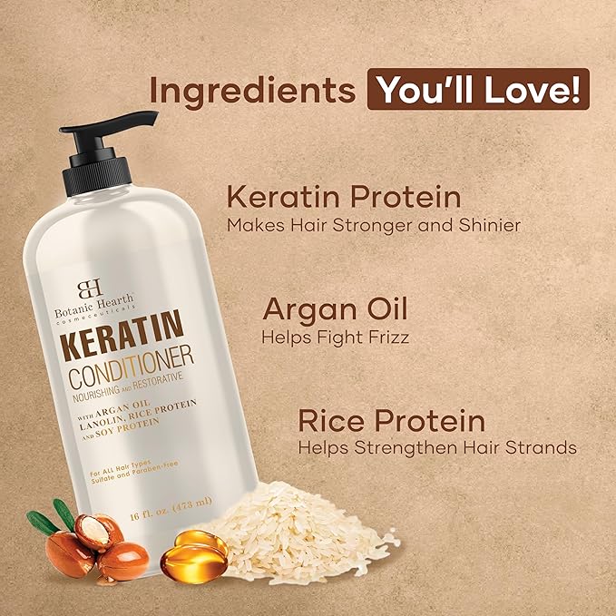 Botanic Hearth Keratin Conditioner with Argan Oil - Sulfate-Free Hair Treatment for All Hair Types, Normal, Dry or Damaged, Color Treated - 16 fl oz